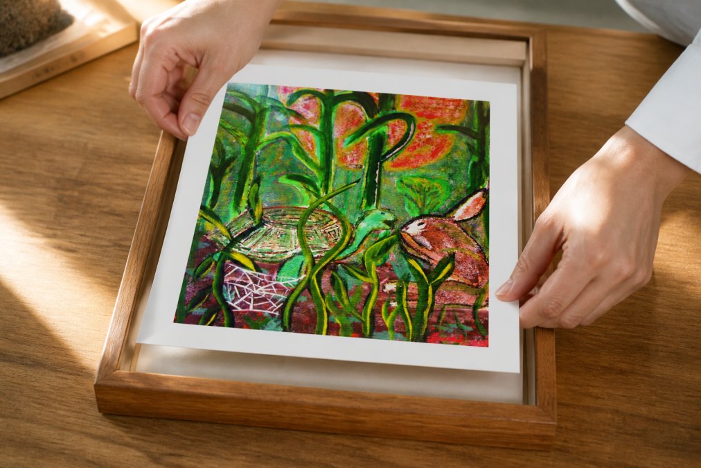 Close-up of hands carefully placing a character art print into a wooden frame, showing proper alignment and frame selection with natural light highlighting the framing details