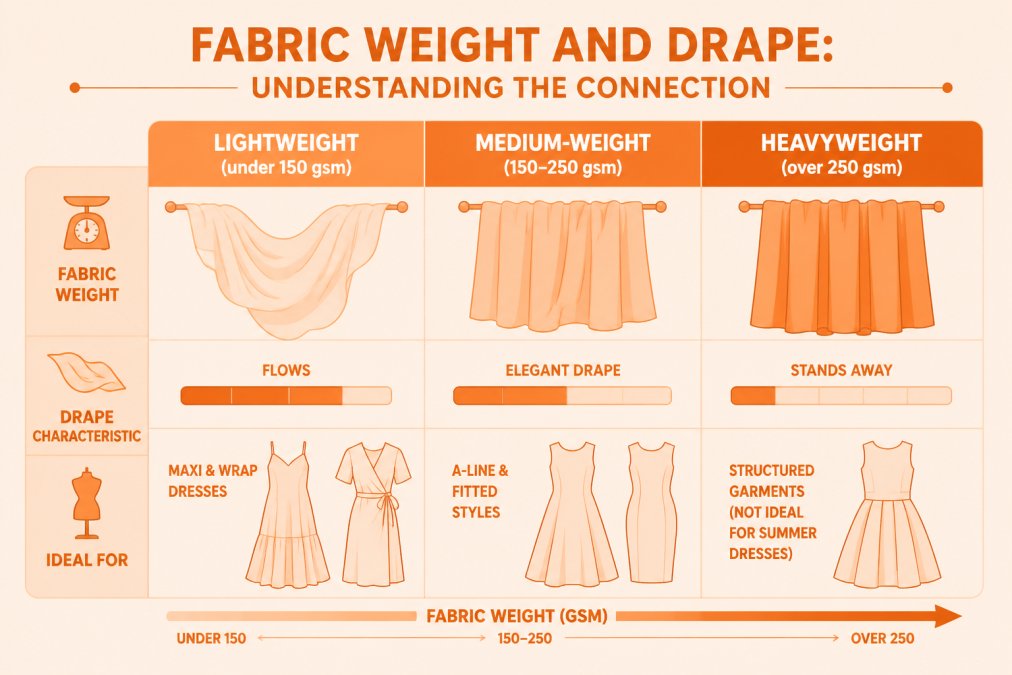 Bar chart showing fabric weight categories and drape characteristics: Lightweight (under 150 gsm) flows beautifully, ideal for maxi and wrap dresses; Medium-weight (150-250 gsm) holds shape whilst draping elegantly, suits A-line and fitted styles; Heavyweight (over 250 gsm) stands away from body, better for structured garments than summer dresses