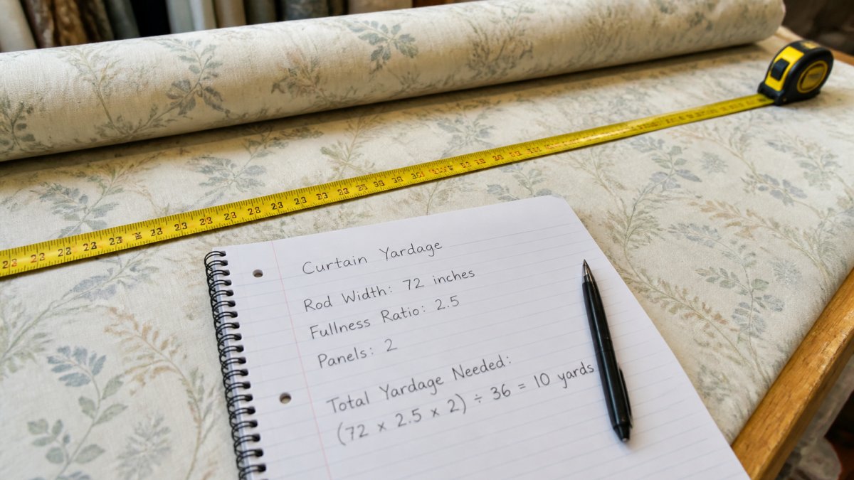 Infographic showing a tape measure on curtain fabric with a worksheet for calculating yardage based on rod width and