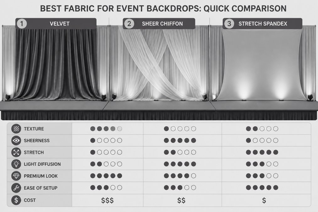 Professional event stage with multiple fabric drapes installed side by side, showing velvet with deep pile texture, sheer chiffon with flowing movement, and stretch spandex with smooth finish under warm professional stage lighting