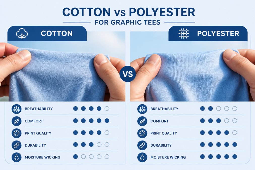 Close-up of hands holding two different t-shirt fabric samples side by side, showing texture and weave differences between cotton and polyester materials in natural daylight