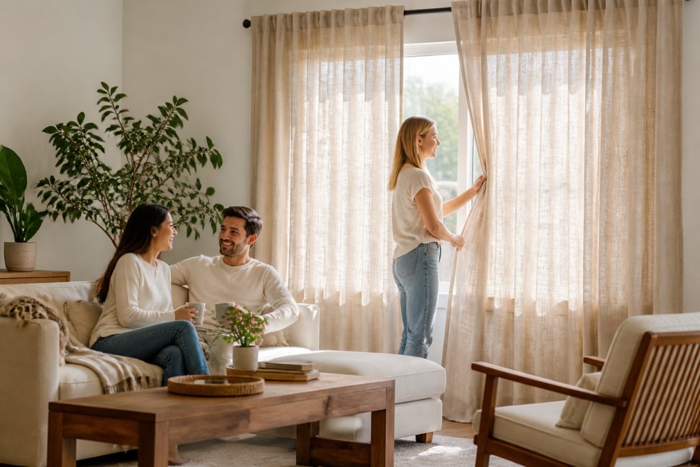 A bright living room with floor-length flax linen blend curtain panels hanging from a rod, natural sunlight filtering through the fabric, a neutral sofa and wood coffee table in the foreground