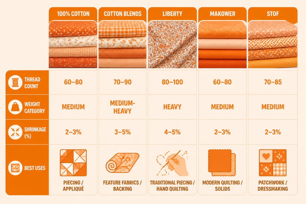Comparison matrix showing fabric types (100% cotton, cotton blends, Liberty, Makower, Stof), thread count ranges (60-80, 70-90, 80-100, 60-80, 70-85), weight categories (medium, medium-heavy, heavy, medium, medium), shrinkage percentages (2-3%, 3-5%, 4-5%, 2-3%, 2-3%), and best uses (piecing/appliqué, feature fabrics/backing, traditional piecing/hand quilting, modern quilting/solids, patchwork/dressmaking)