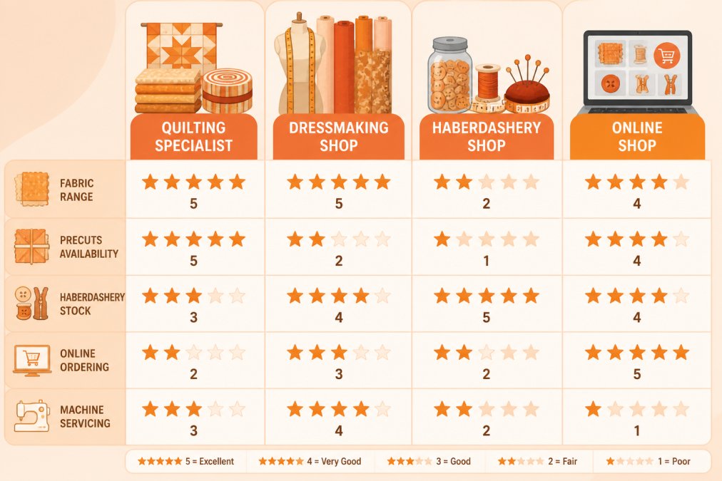 Comparison matrix of four shop types (quilting specialist, dressmaking, haberdashery, online) scored against five criteria: fabric range, precuts availability, haberdashery stock, online ordering, machine servicing