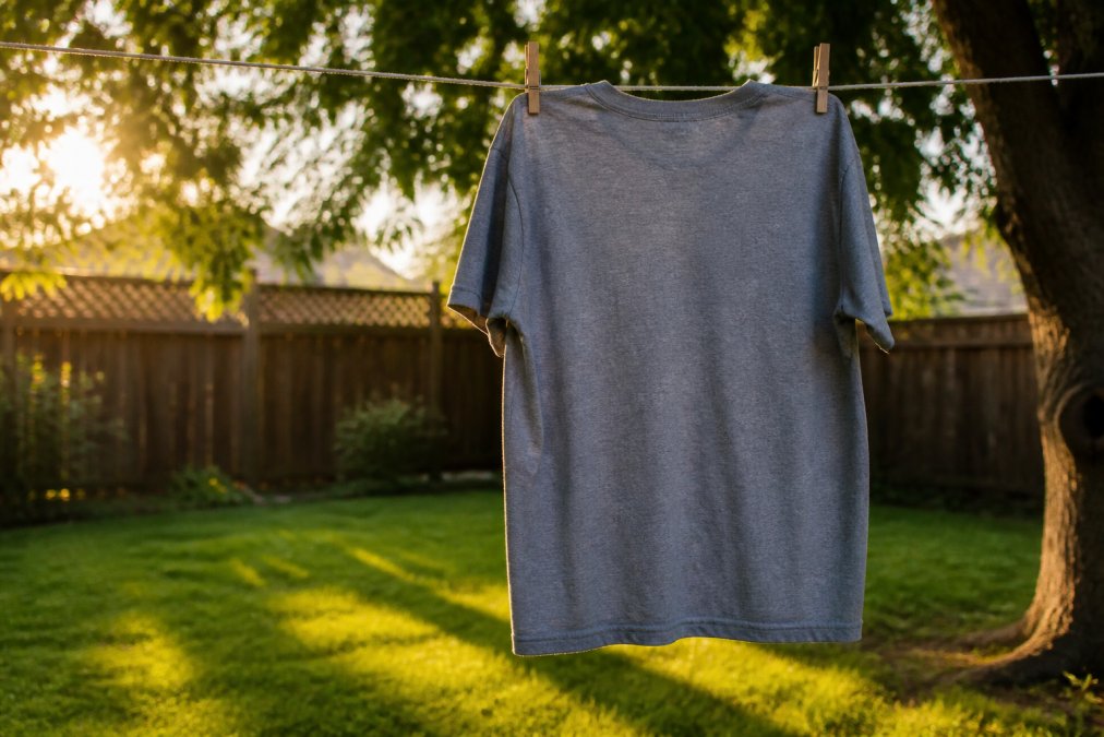 A graphic t-shirt hanging on a clothesline outdoors with morning sunlight visible in the background, positioned so the print faces away from direct sun exposure