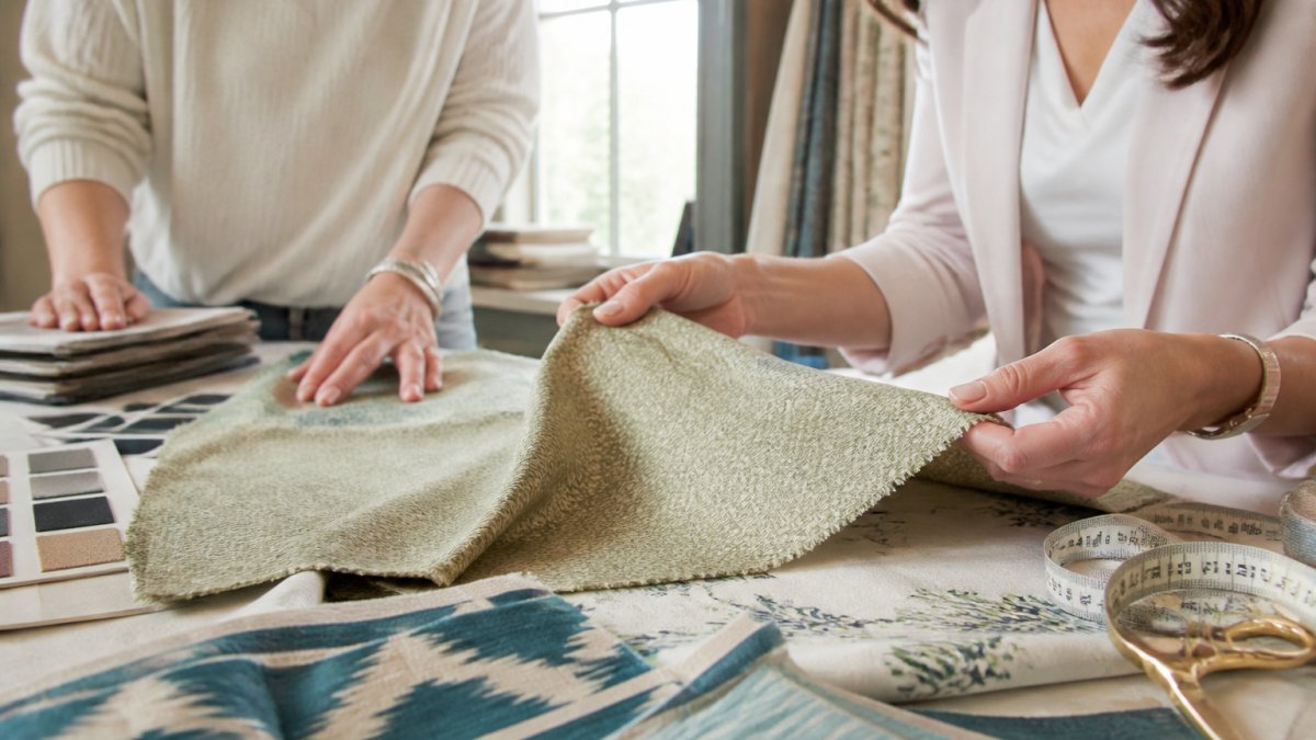 Close-up of hands examining a fabric swatch against a worktable covered with textile samples, measuring tape, and sewing notions in a bright design studio