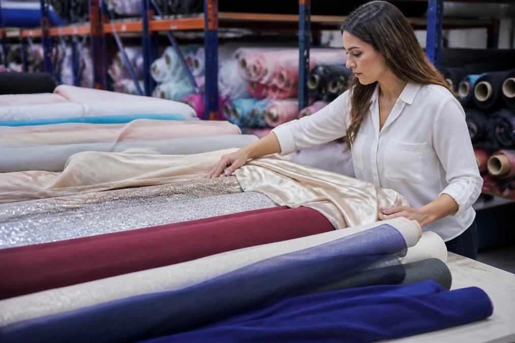 Event planner or decorator examining and selecting fabric rolls and bolts at a supplier warehouse, hands touching different fabric textures and weights, bright warehouse lighting