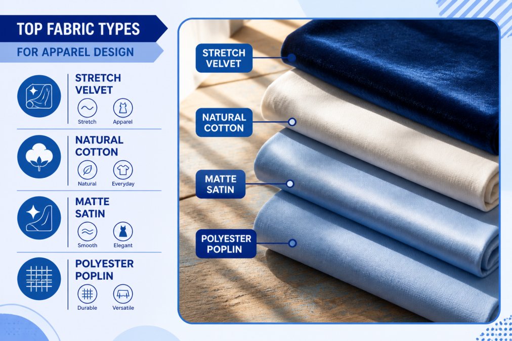 Close-up of neatly folded fabric swatches in various textures and colors, stretch velvet, natural cotton, matte satin, and polyester poplin, laid out on a worn wooden work table in a sunlit designer's studio