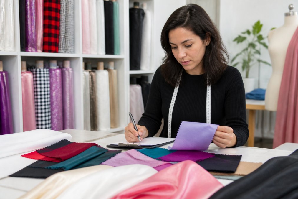 Independent fashion designer reviewing fabric swatches and making notes on a clipboard at a bright, organized studio workspace with rolls of fabric visible on shelves in the background