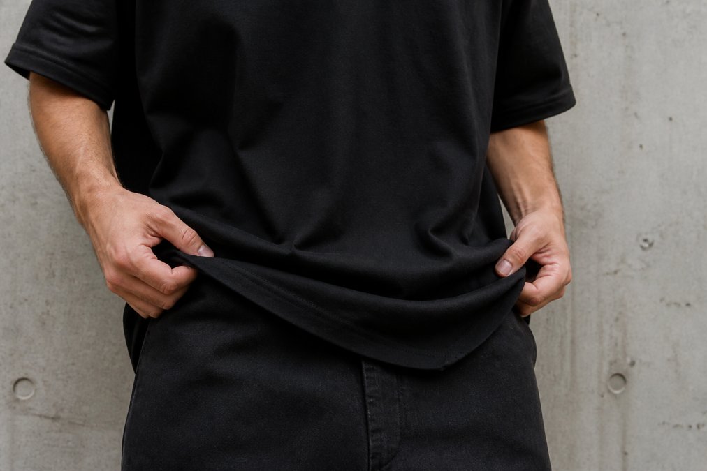 Close-up of a man's hands lifting the hem of a heavy black oversized cotton t-shirt, showing the thick fabric draping in stiff folds against a plain concrete wall