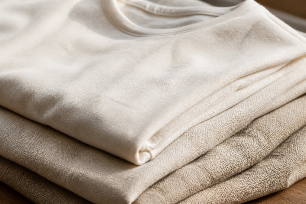 Close-up of folded premium organic cotton and linen garments stacked together, showing natural weave texture and fiber details in natural daylight