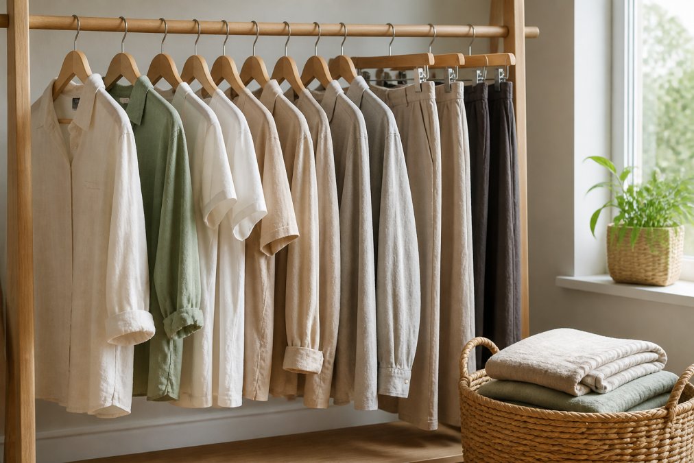 A neatly organized capsule wardrobe on wooden hangers, featuring linen shirts, cotton tops, and neutral-toned trousers in natural light, with a woven storage basket of folded garments nearby