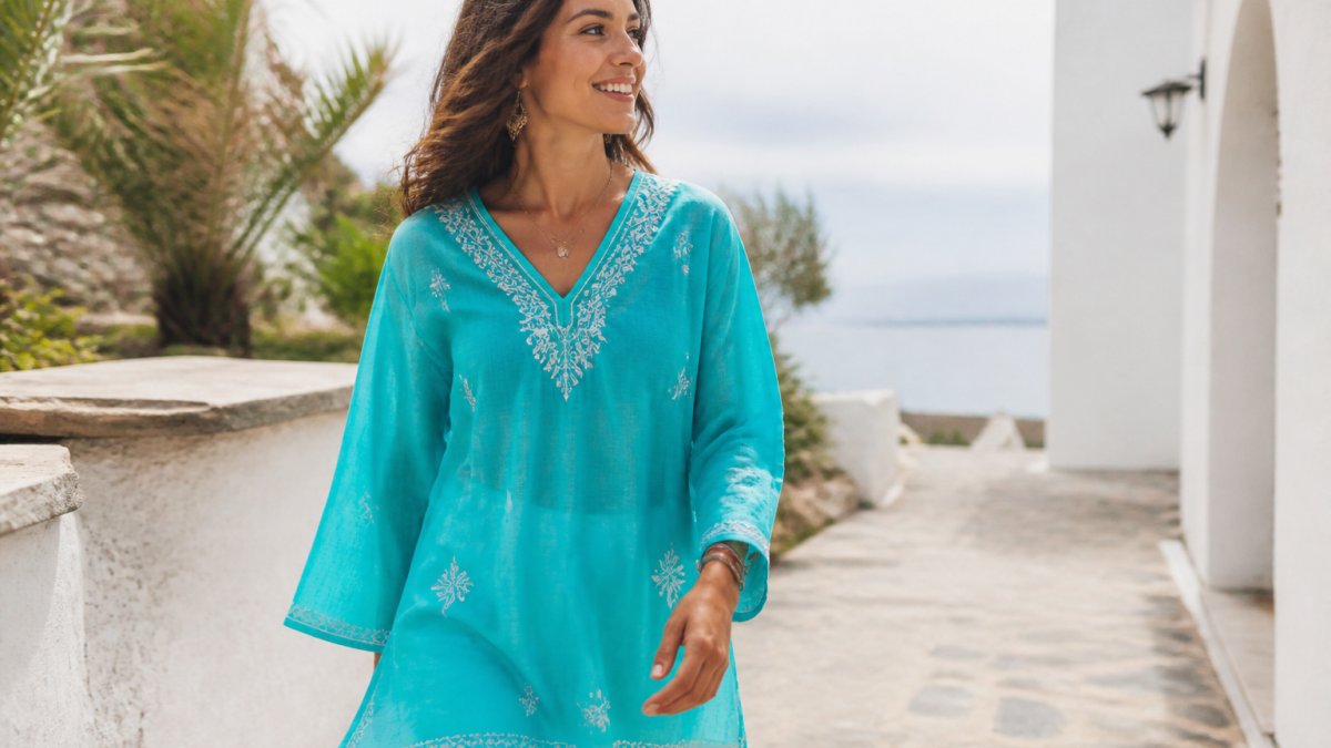 Woman wearing a hand-embroidered turquoise cotton voile tunic standing outdoors in natural sunlight, showcasing the soft drape and breathable fabric against her skin in a warm climate setting