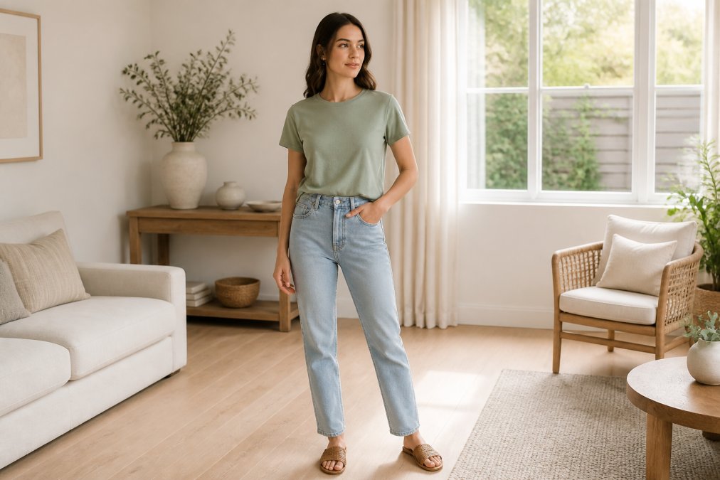 A young woman wearing a sage green bamboo modal t-shirt tucked into light denim straight-leg jeans, standing in a bright modern living room with natural window light, looking relaxed and polished