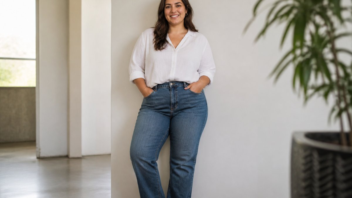 Woman in well-fitting relaxed-fit denim jeans and breathable cotton top standing confidently, showing how stretch fabric and proper weight create a flattering silhouette that works across different body shapes