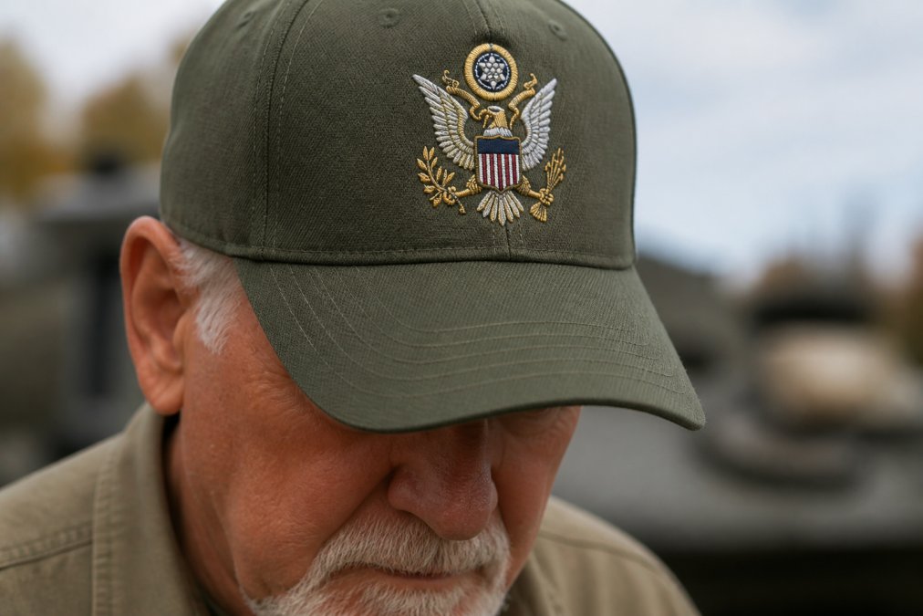 Close-up of a military veteran wearing an OD green embroidered cap, showing the textured cotton twill fabric and detailed stitching on the bill