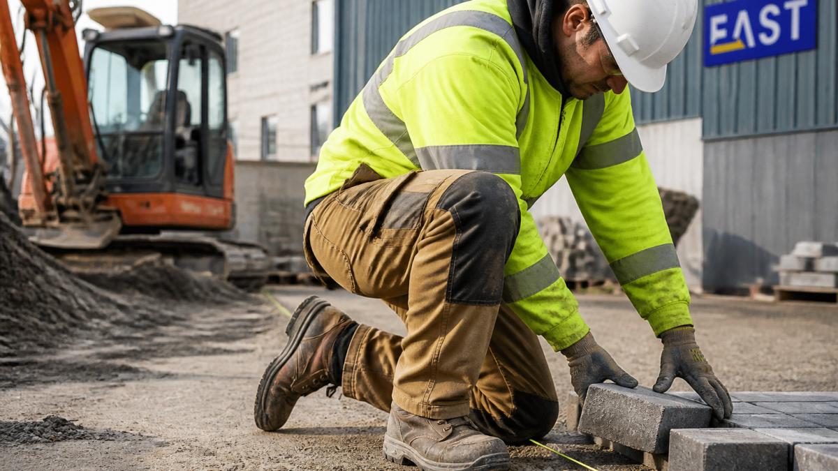 Construction worker in heavy-duty canvas work trousers and safety boots on an active job site, showing fabric texture and durability during physical labour in natural outdoor lighting