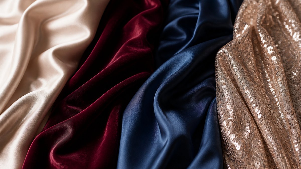 Close-up of satin, velvet, silk, and sequined fabrics displayed together to highlight their distinct textures and sheen.