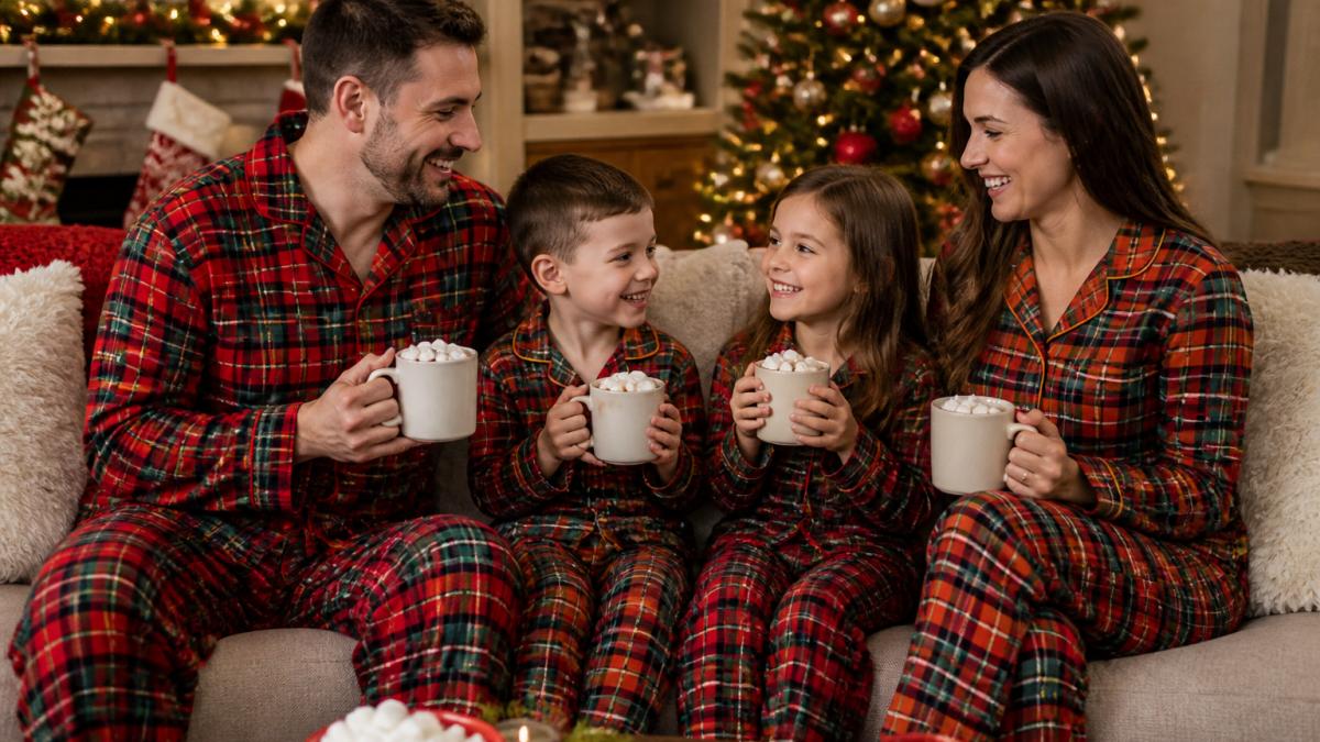 A family of four wearing matching red-and-green plaid holiday pajamas, sitting together on a couch in a warm living room decorated for Christmas, smiling and holding mugs of hot cocoa