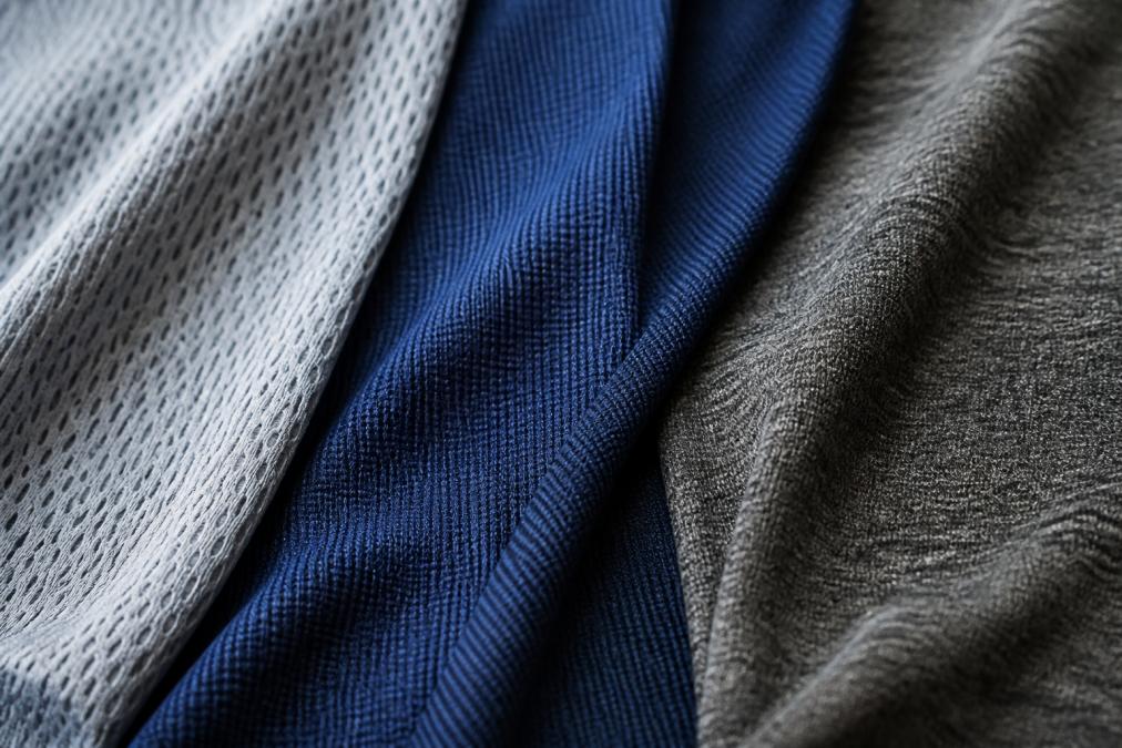 Close-up of athletic apparel fabric swatches showing polyester, nylon, and merino wool textures with distinct weave patterns under natural lighting