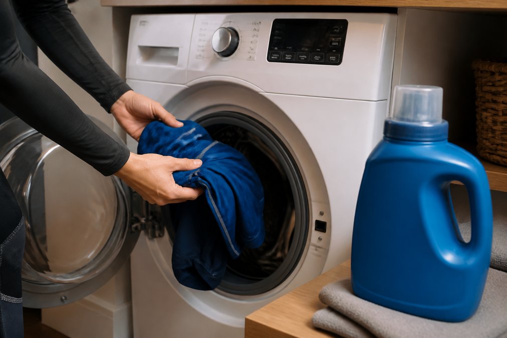 Hands placing moisture-wicking athletic apparel into a washing machine with performance detergent bottle visible on the counter, showing proper care technique