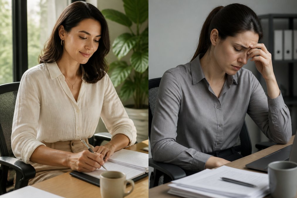 Professional woman in breathable linen blouse and tailored trousers seated at desk with natural light, appearing comfortable and confident during workday