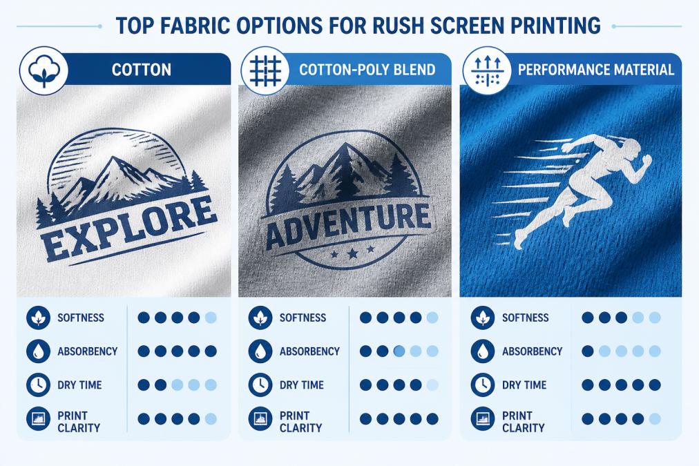Comparison diagram of cotton, poly-blend, and performance fabric textures with screen printed designs