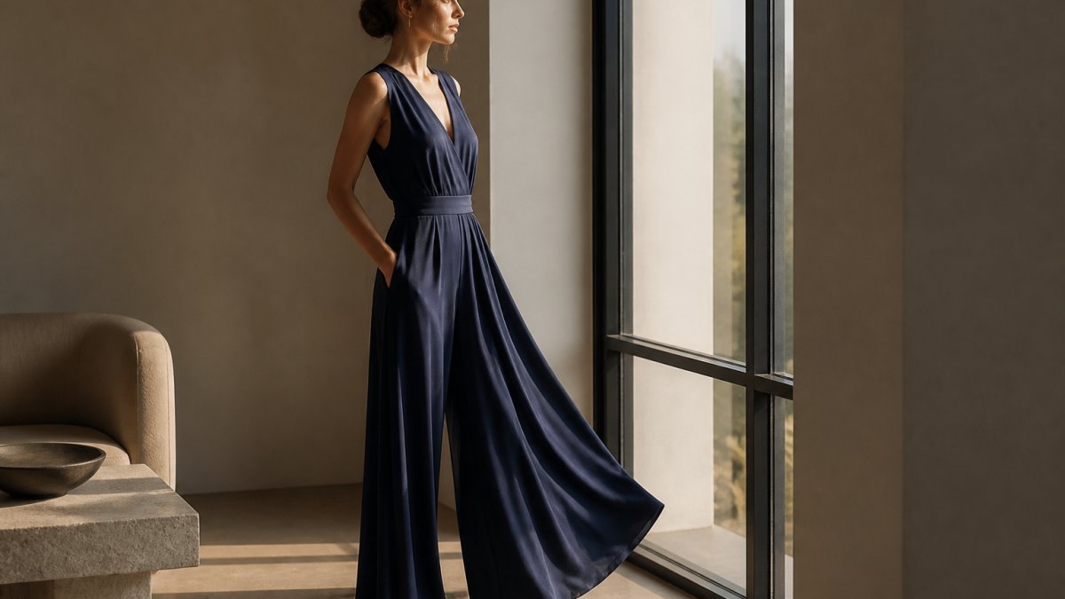 A woman in a flowing wide-leg evening jumpsuit standing by a tall window, late afternoon light catching the fabric so it drapes in soft vertical folds, neutral interior, shot from the side to show movement