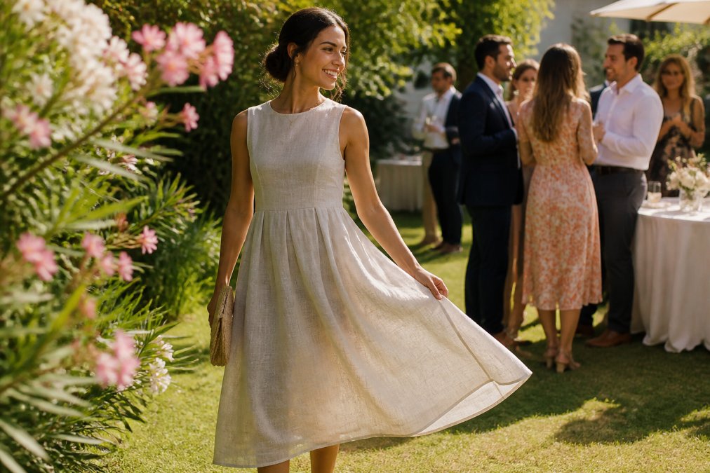 Woman in an elegant cotton-linen blend formal dress at an outdoor summer garden party, showing graceful drape and the fabric's breathability in natural daylight