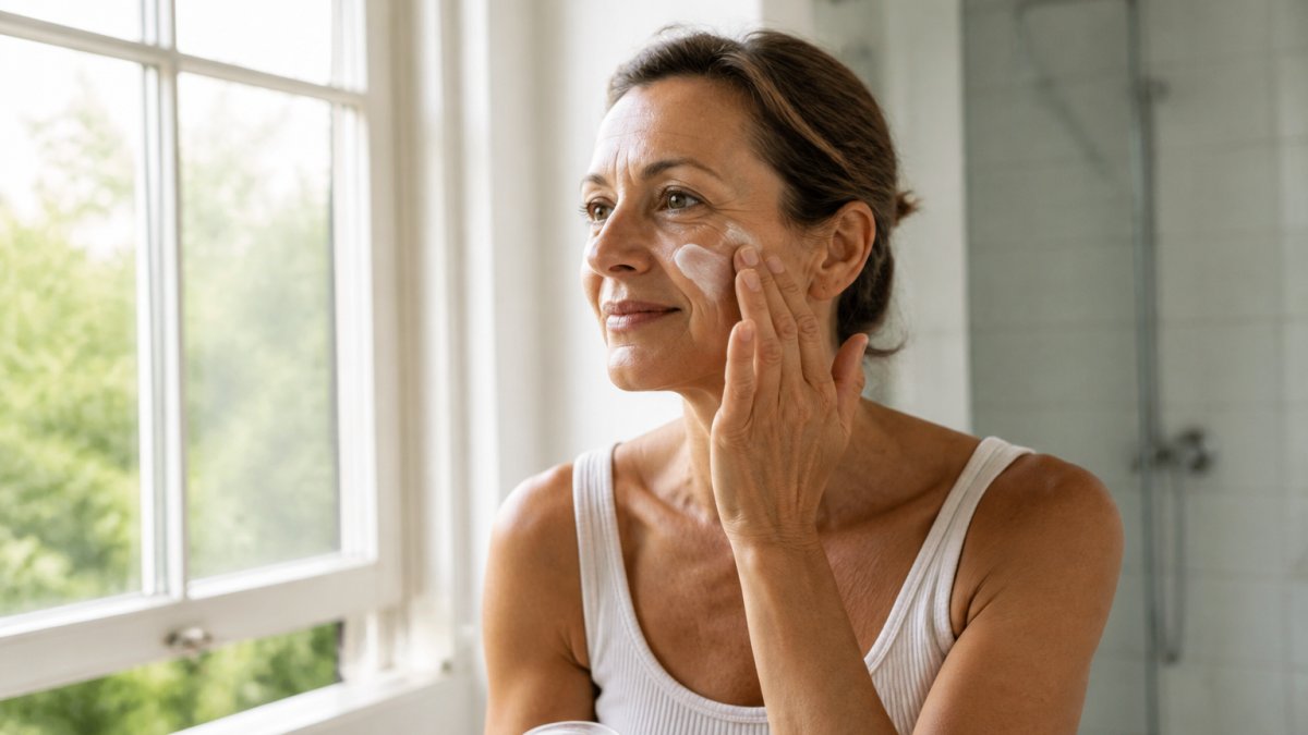 Woman in her 40s applying face cream to her cheek with gentle upward strokes, natural morning light streaming through a bathroom window, looking calm and satisfied