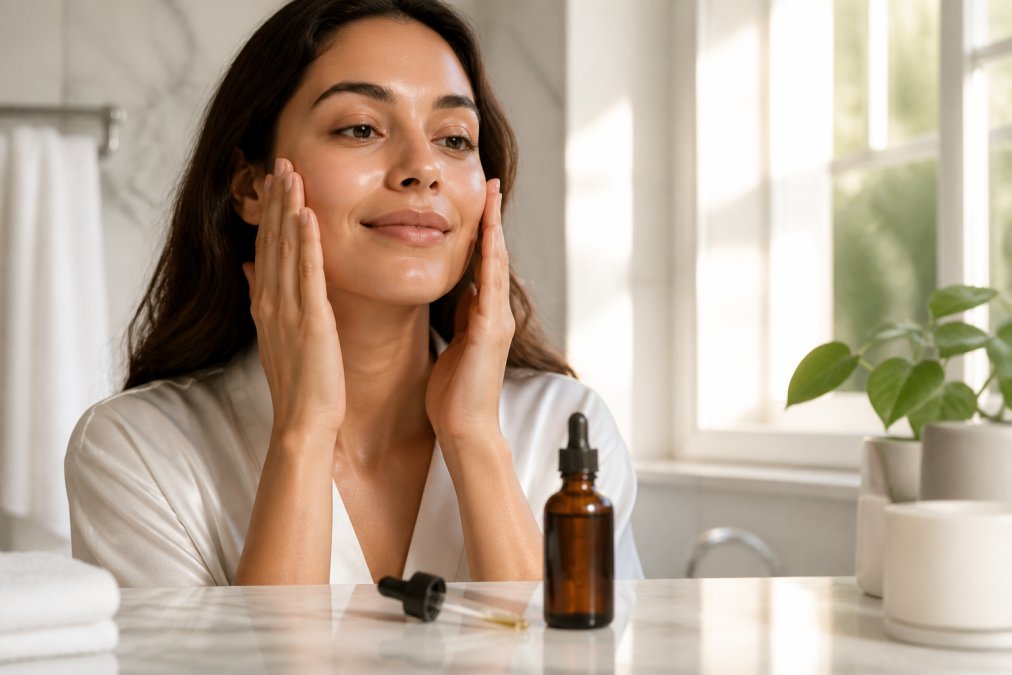 Close-up of a woman's hands gently pressing face oil into her cheeks, with a small amber glass dropper bottle on a marble bathroom counter beside her, soft morning light through a window