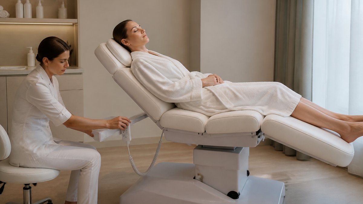Professional esthetician adjusting electric facial bed controls while tall client lies comfortably with proper headrest and leg-rest positioning for facial treatment in modern spa room