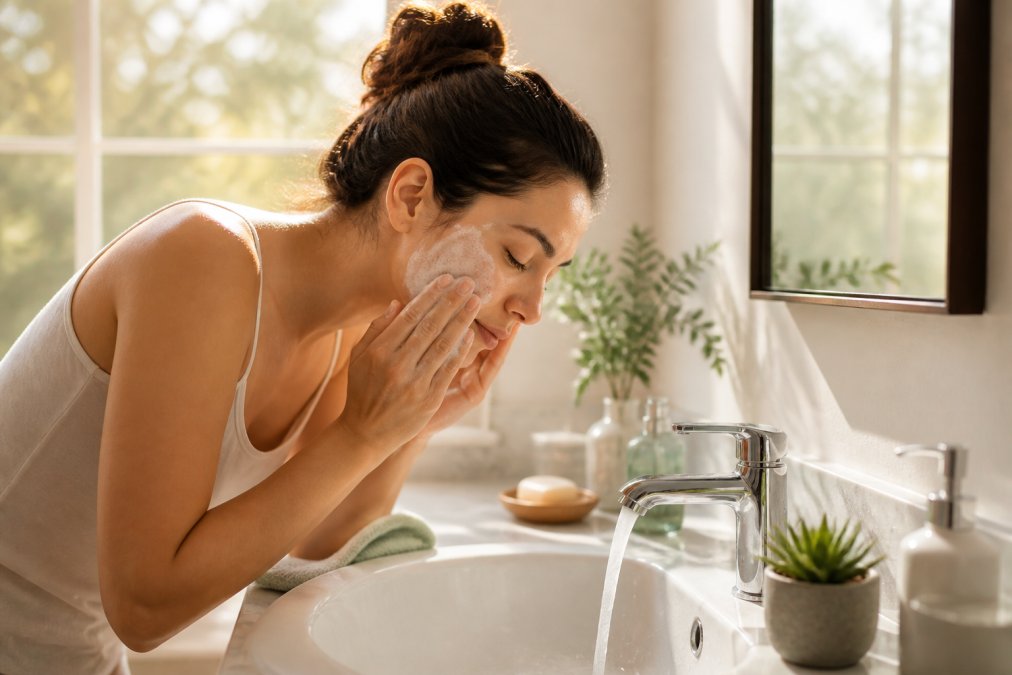 Person applying facial cleanser to face over bathroom sink with morning light streaming through window, demonstrating proper cleansing technique with gentle circular motions