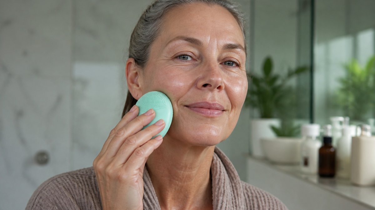 Close-up of a woman in her fifties with sensitive skin gently using a soft silicone facial cleansing brush in a bright bathroom, warm natural light, calm and luxurious atmosphere