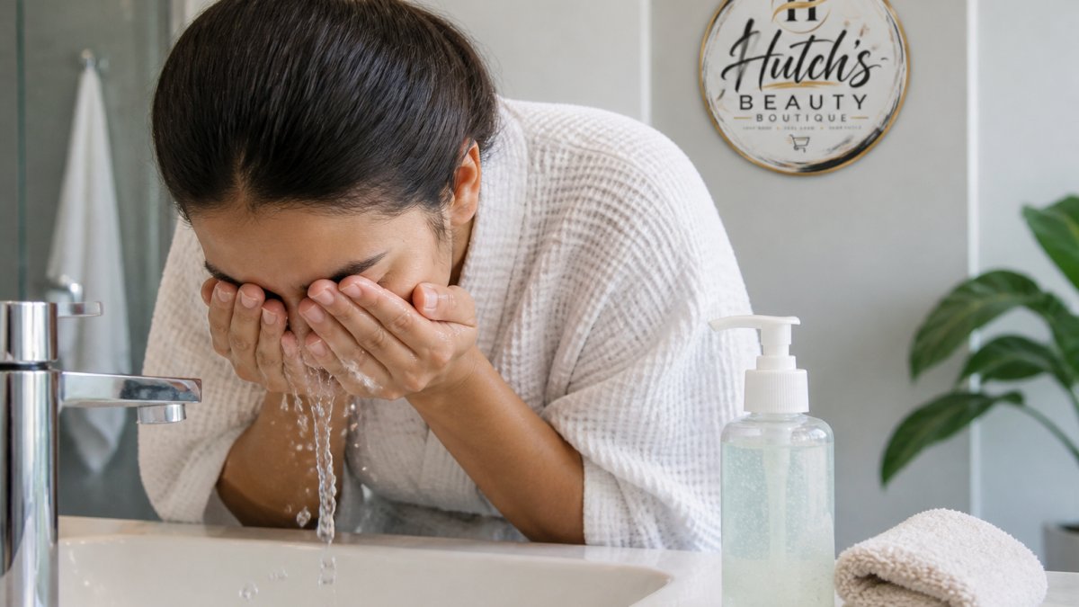 A young adult at a bathroom sink cupping lukewarm water to rinse their face, with a gentle gel cleanser and a soft washcloth on the counter beside them