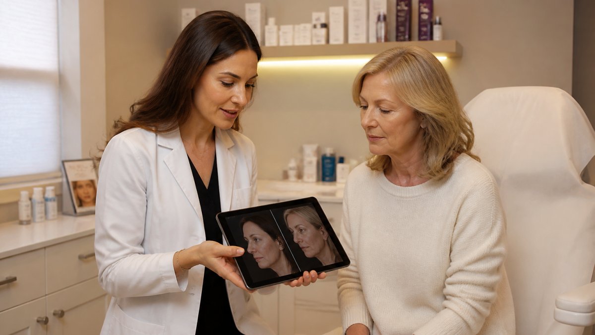 Professional aesthetic practitioner consulting with mature woman in bright, modern medical spa treatment room, both reviewing before-and-after photos on tablet together