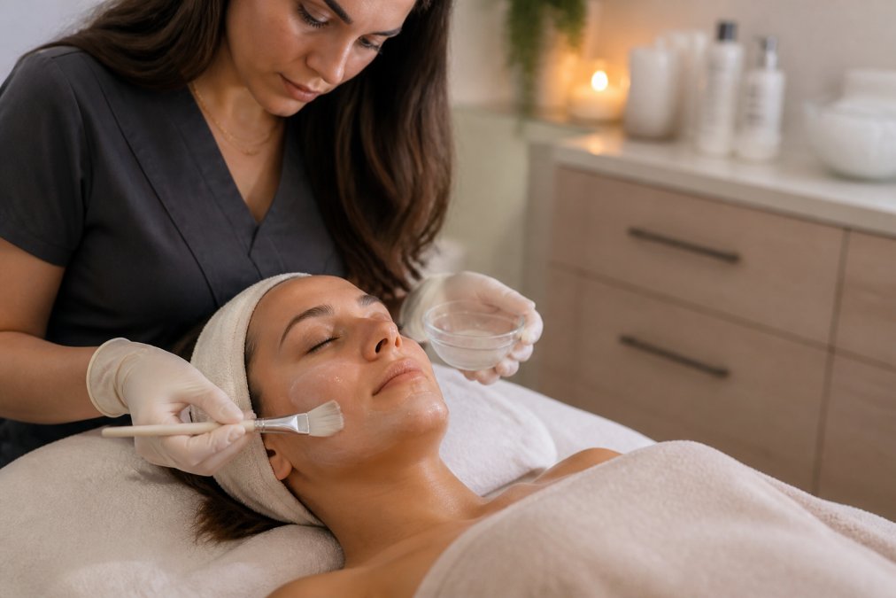 A licensed esthetician applying a professional facial treatment to a client lying on a treatment bed in a clean, softly lit spa room, the esthetician wearing gloves and the client visibly relaxed