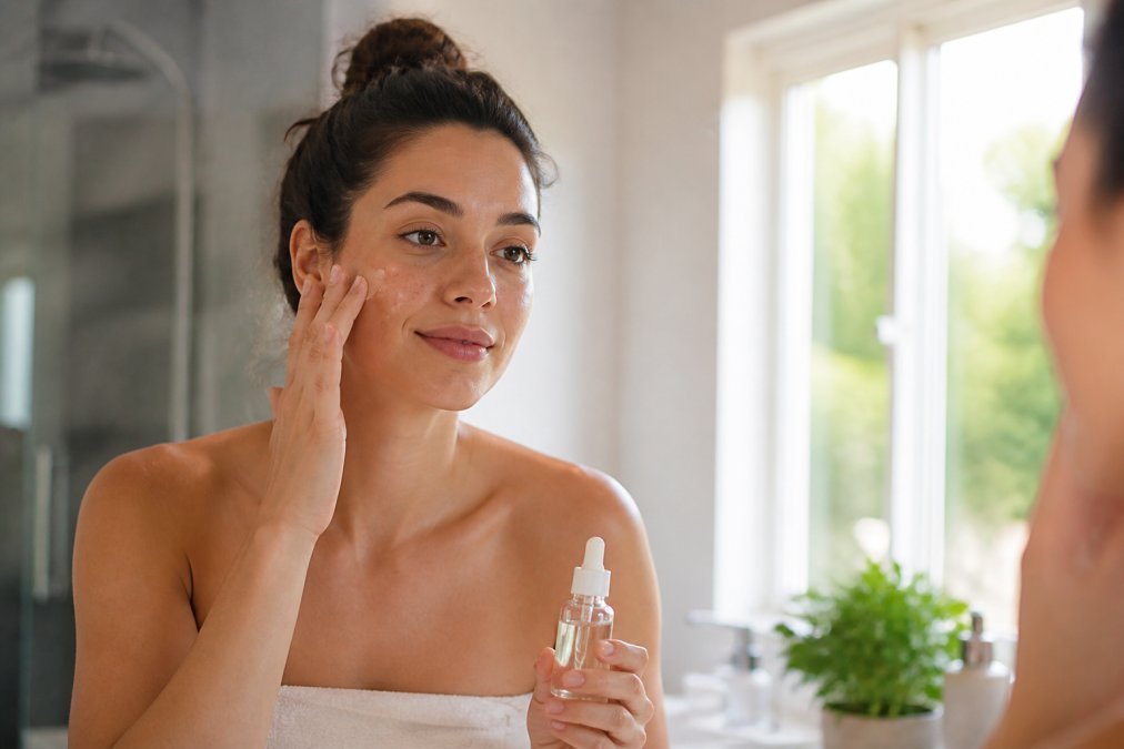 Close-up of a woman applying a lightweight serum to her face in a bright bathroom mirror, skin appearing healthy and radiant, morning light coming through the window