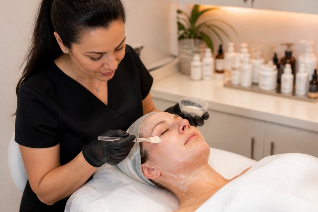 Esthetician applying a mask during customized facial treatments in a modern spa room