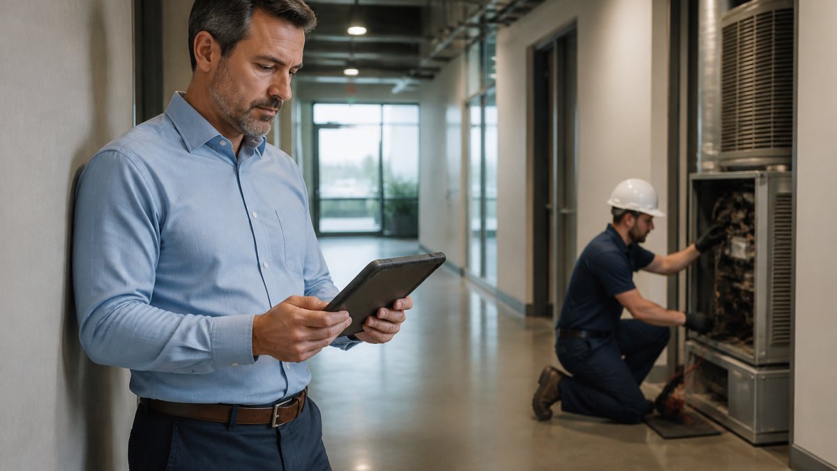 A facility manager in a commercial office reviewing a tablet dashboard while standing in a hallway, with a maintenance technician working on an HVAC unit visible in the background