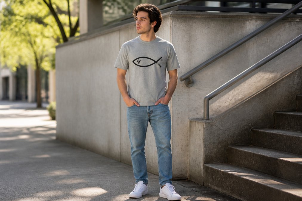 Young adult wearing a faith-based graphic tee styled casually with jeans and white sneakers, standing confidently in natural outdoor sunlight with soft shadows, relaxed posture suggesting authentic everyday wear