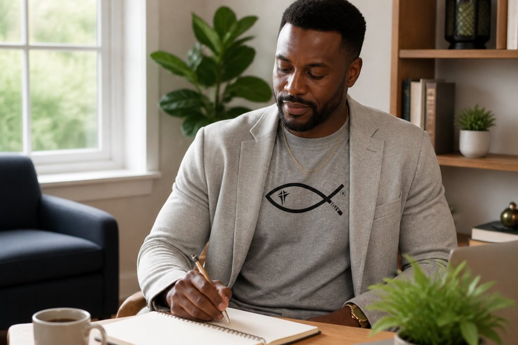Adult layering a subtle faith-inspired apparel piece with a casual linen blazer and simple gold accessories, demonstrating contemporary styling in a bright home setting with natural window light, confident relaxed posture