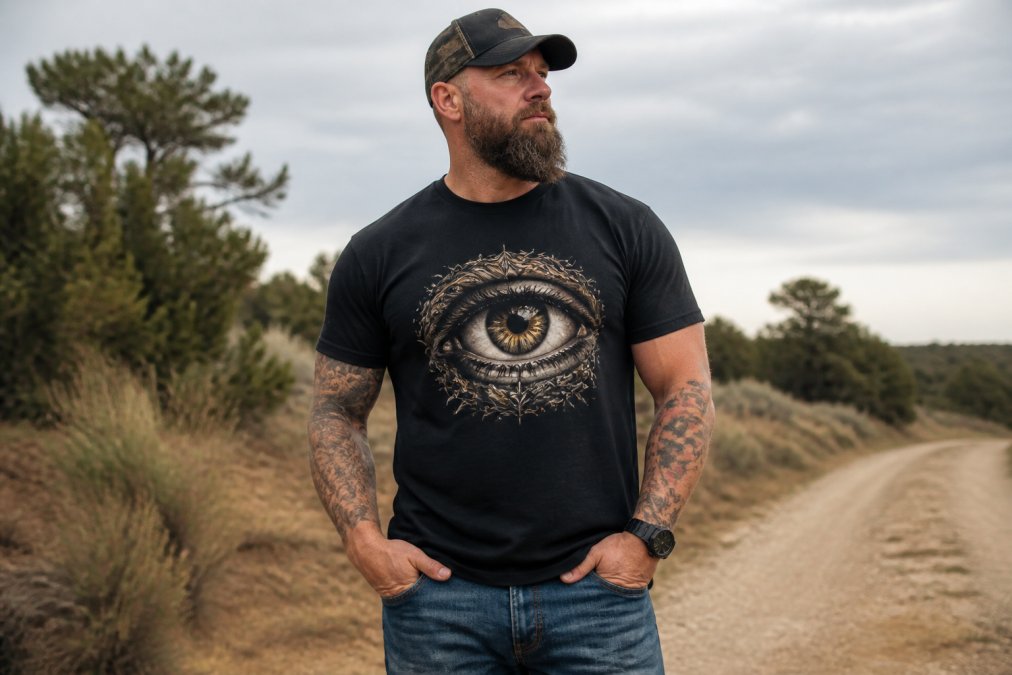 Veteran wearing The Eye graphic t-shirt in natural outdoor lighting, showing the fit and graphic detail on the chest, standing confidently in casual setting