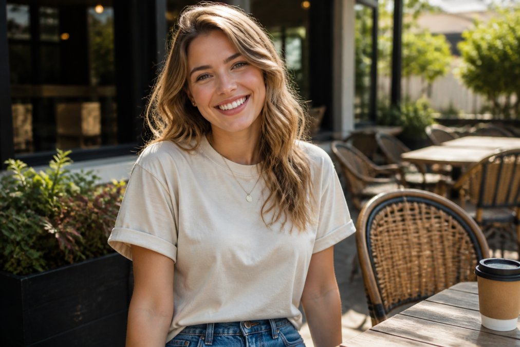 A woman wearing a faith-based graphic tee, smiling confidently while standing outdoors in natural light on a coffee shop patio with plants and warm afternoon sun