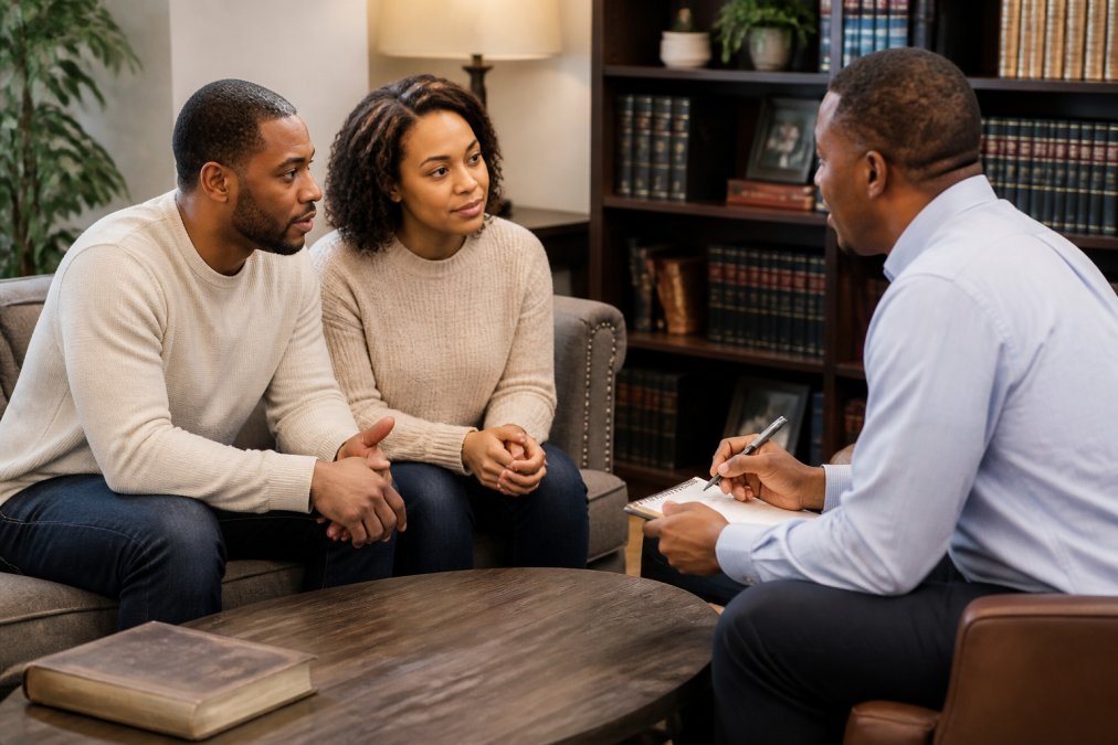 A Christian couple sitting across from a marriage coach in a warm, well-lit office setting, the coach leaning forward attentively with a notepad, Bibles visible on a bookshelf in the background