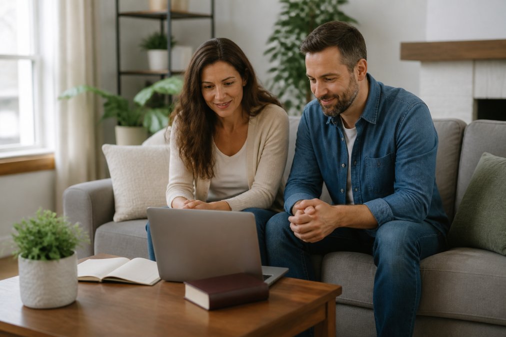 A couple sitting together on a couch with a laptop open, participating in a virtual marriage coaching session, looking engaged and hopeful, natural home lighting