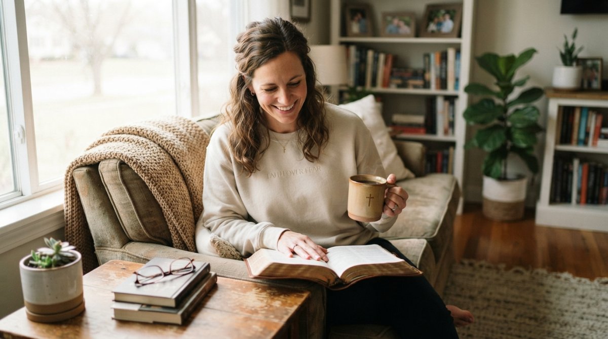 A mom in her home wearing a cozy faith-inspired sweatshirt while holding a warm coffee mug and her Bible, natural morning light streaming through windows, warm and inviting setting