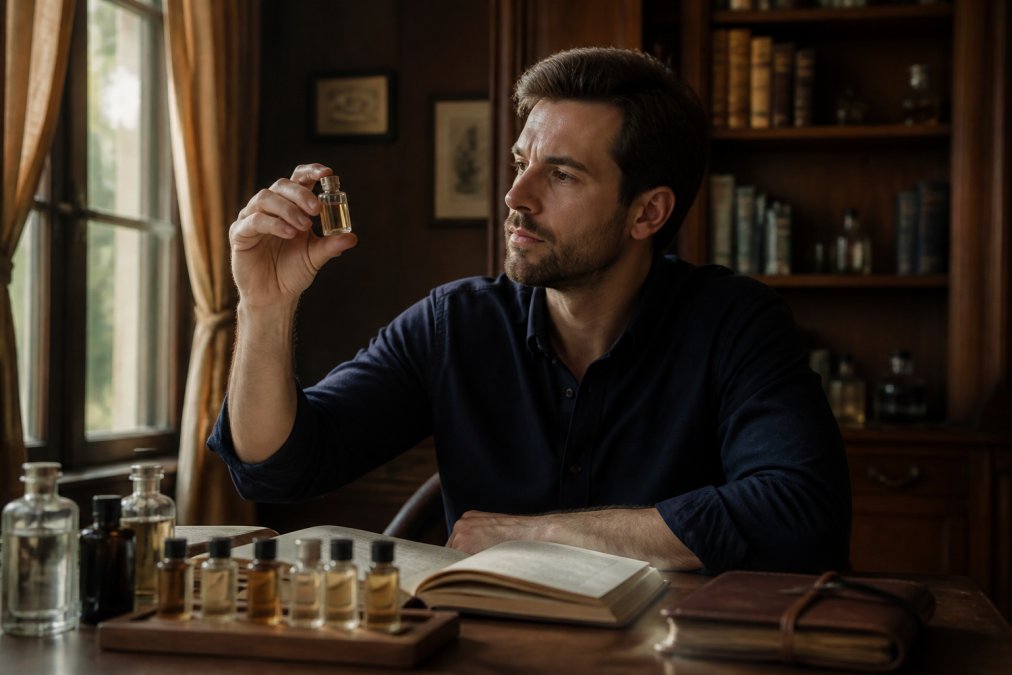 A man in his 30s examining a small glass perfume vial held up to window light in a warm, wood-paneled study, with open books and a leather journal on the desk beside him