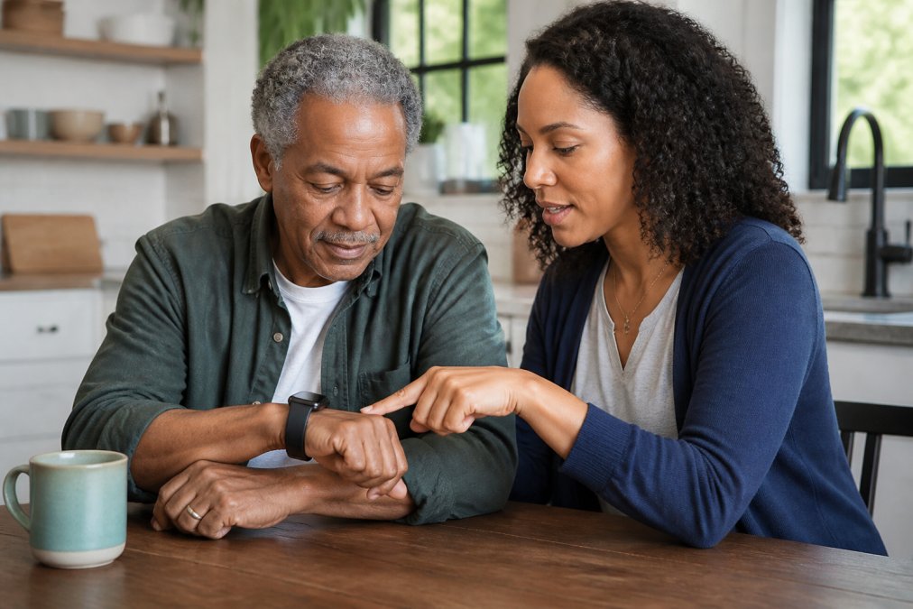 Family member explaining how to use fall detection watches to an older adult at a kitchen table.