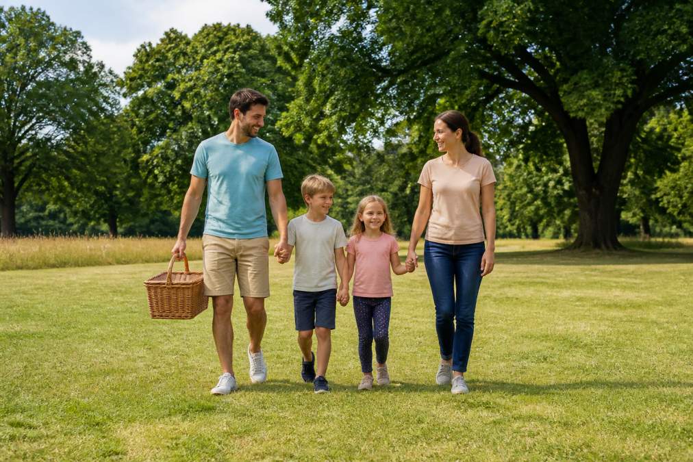 A happy family with two young children walking through a sunny green park, the parents carrying a wicker picnic basket, open grassland and mature oak trees stretching behind them in warm afternoon light